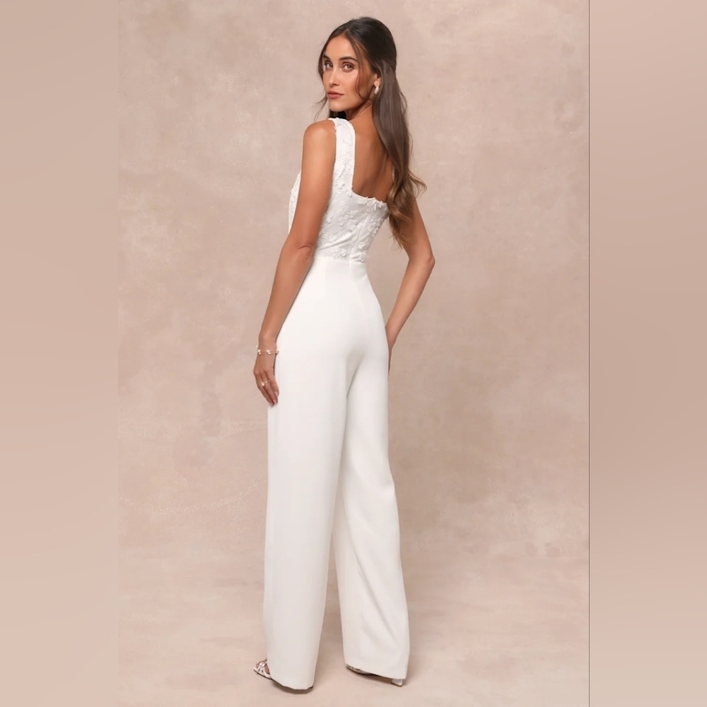Lulus Truly Profound White Mesh 3D Floral Embroidered Bustier Jumpsuit M Wedding - Picture 5 of 10